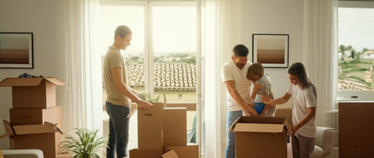 Famiglia caucasica felice che disfa gli scatoloni nella loro nuova casa luminosa a Oristano.
