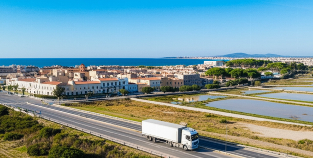 Vista aerea di un camion dei traslochi che percorre una strada panoramica vicino a Oristano.