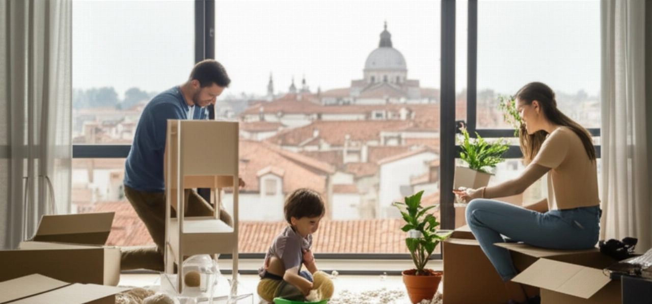 Una famiglia caucasica disimballa felice in un nuovo appartamento a Padova, con una vista aerea della città dalla finestra.