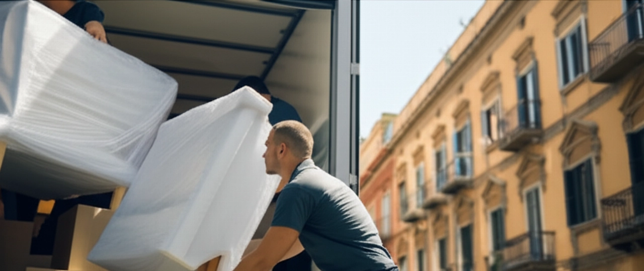 Professionelle Umzugshelfer laden sorgfältig Möbel in einen LKW auf einer sonnigen Straße in Palermo.