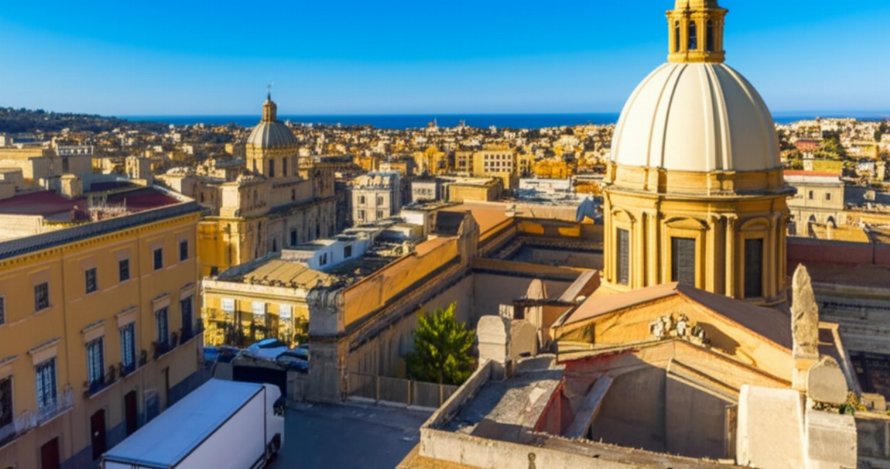 Vista aerea di un camion di traslochi parcheggiato di fronte a un edificio storico, con lo sfondo del panorama di Palermo.