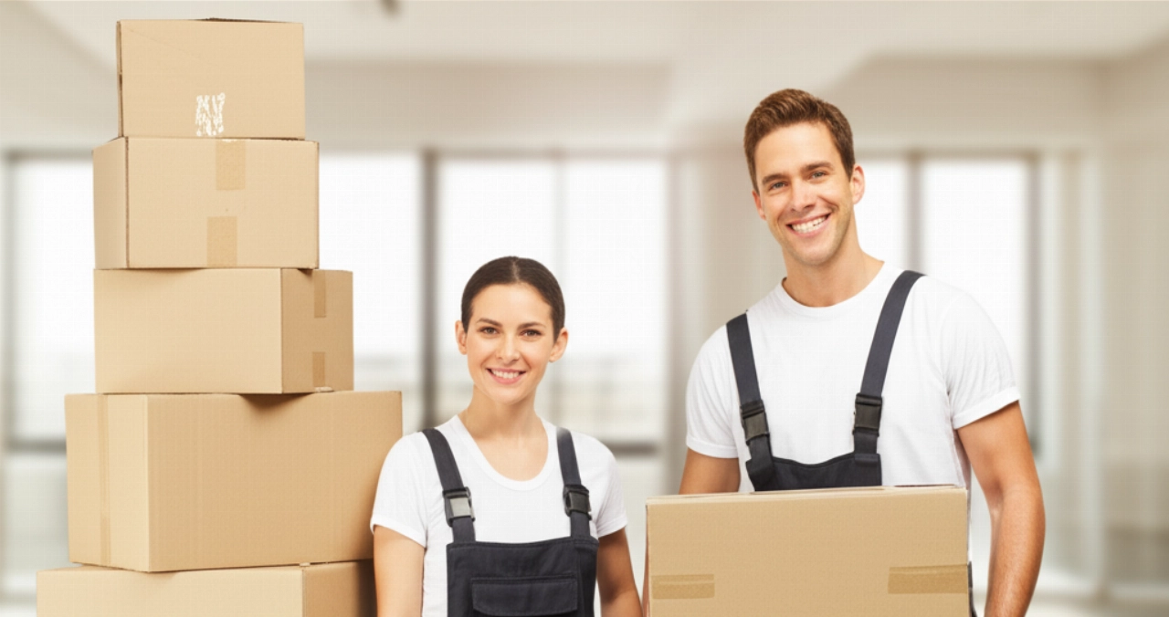 Due traslocatori professionisti caucasici sorridono accanto a scatole impilate, in un luminoso appartamento a Palermo.