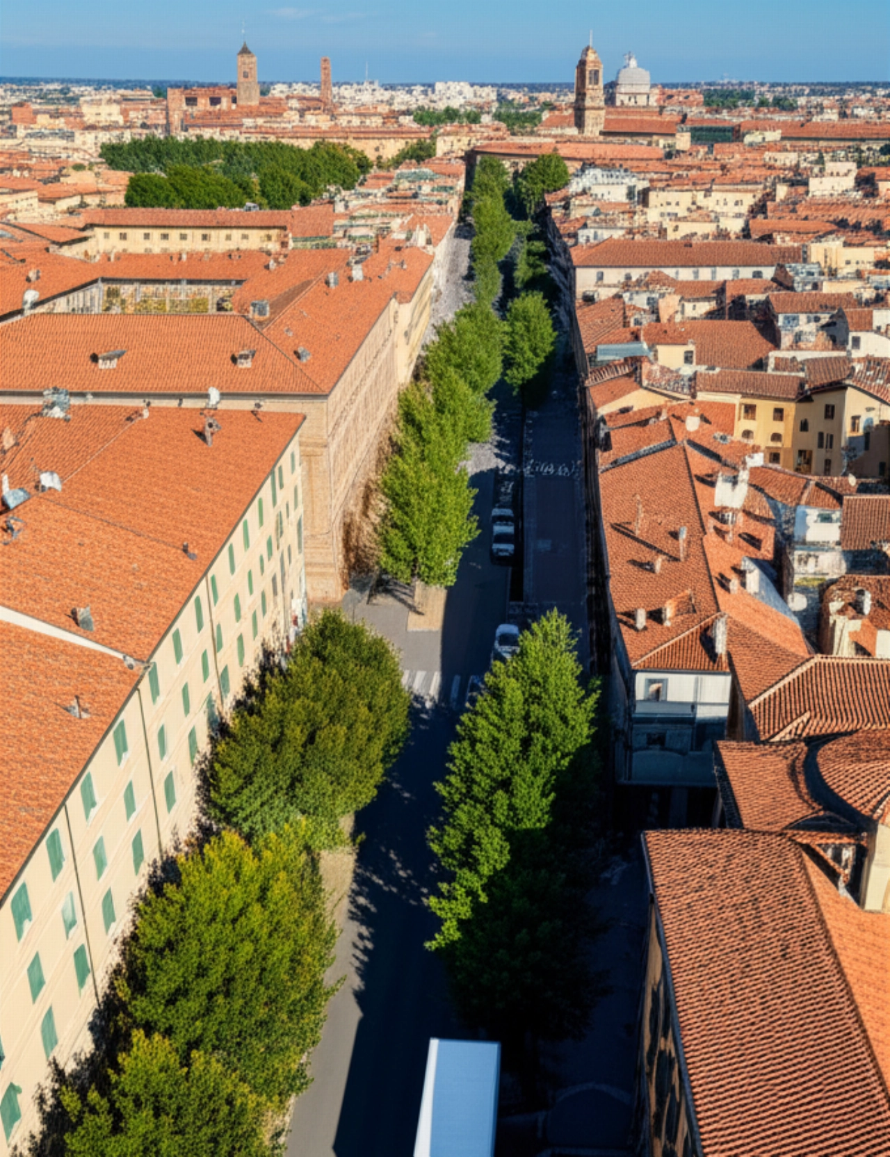 Hyperrealistische Luftaufnahme eines Umzugswagens, der in einer historischen Straße in Parma geparkt ist.