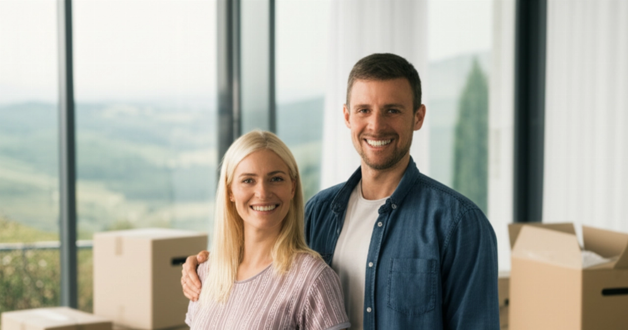 Couple caucasien souriant dans un salon lumineux de leur nouvelle maison, avec des cartons partiellement déballés, transmettant joie et un nouveau départ.