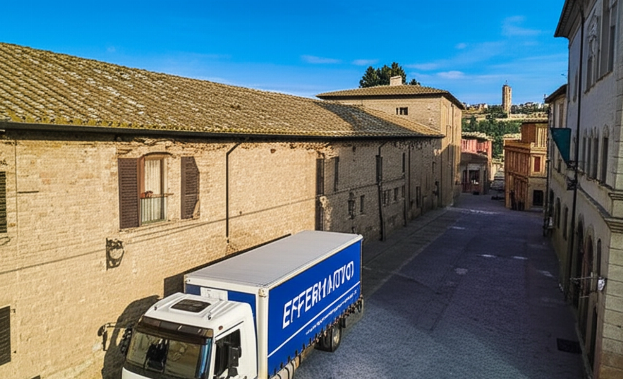 Vue aérienne hyperréaliste d'un camion de déménagement moderne garé dans une rue pavée d'une ville italienne pittoresque, avec collines et ville historique en arrière-plan.