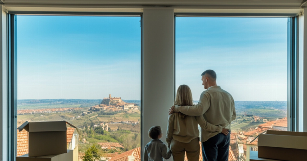 Famiglia caucasica in una nuova casa con vista panoramica sulla campagna marchigiana e Urbino in lontananza, simboleggiando un nuovo inizio.