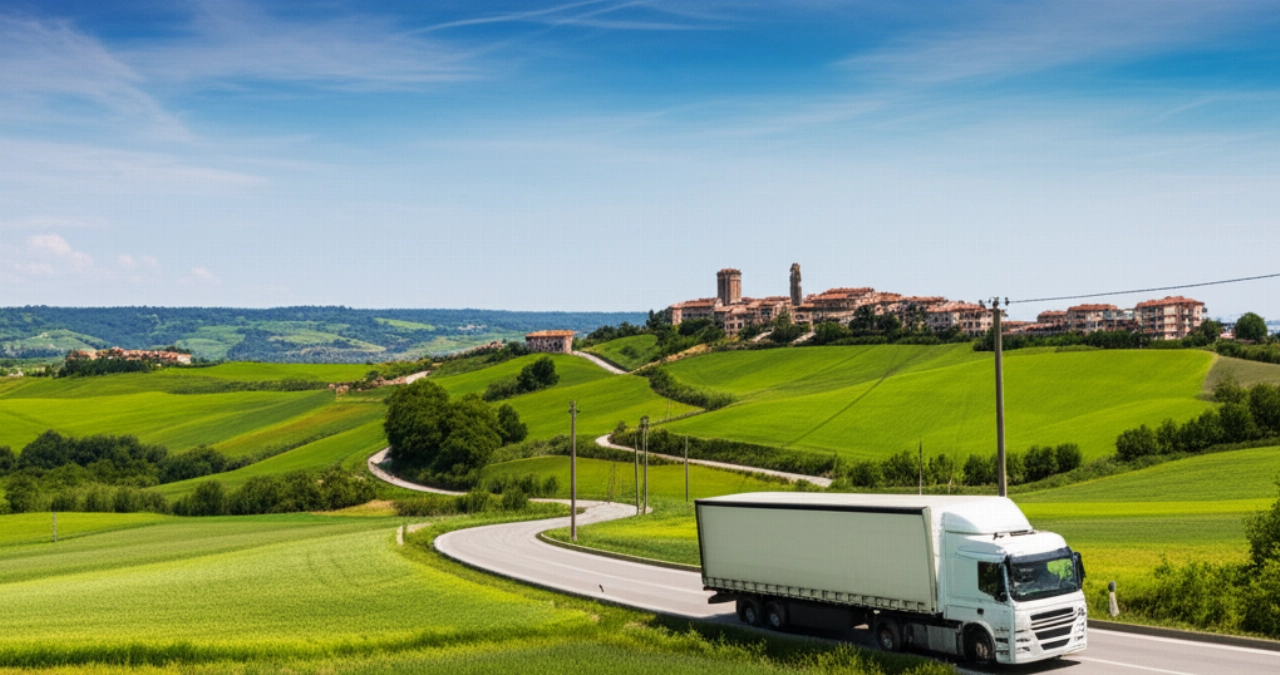 Camion per traslochi moderno e senza marchio che percorre una strada panoramica tra le colline lussureggianti della regione Pesaro-Urbino.