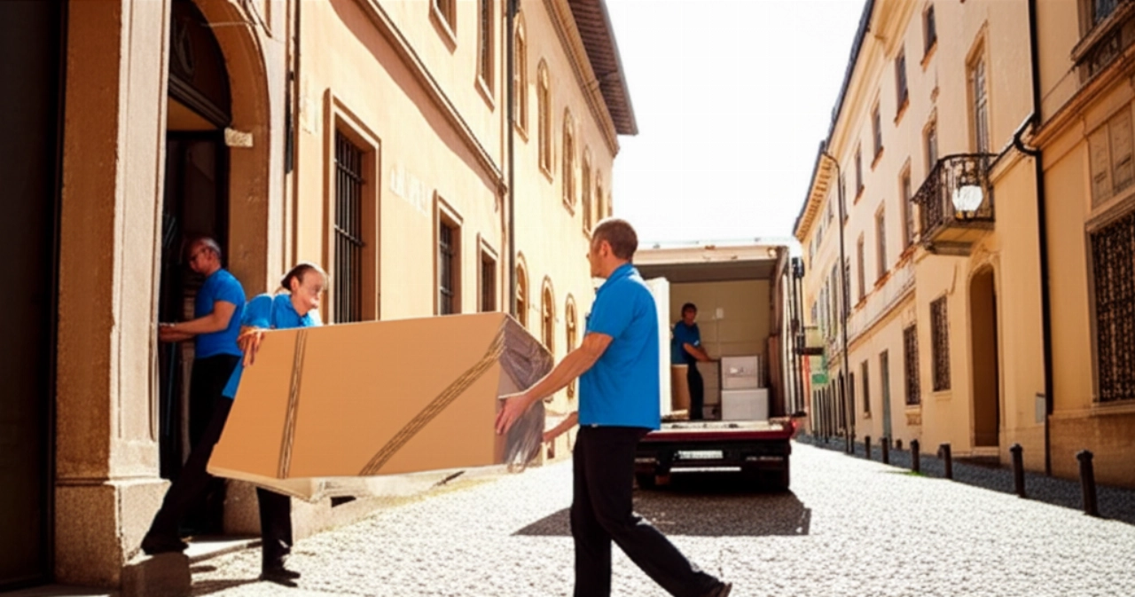 Squadra di traslocatori professionisti che trasporta con cura scatole da un edificio storico in una strada soleggiata di Piacenza.