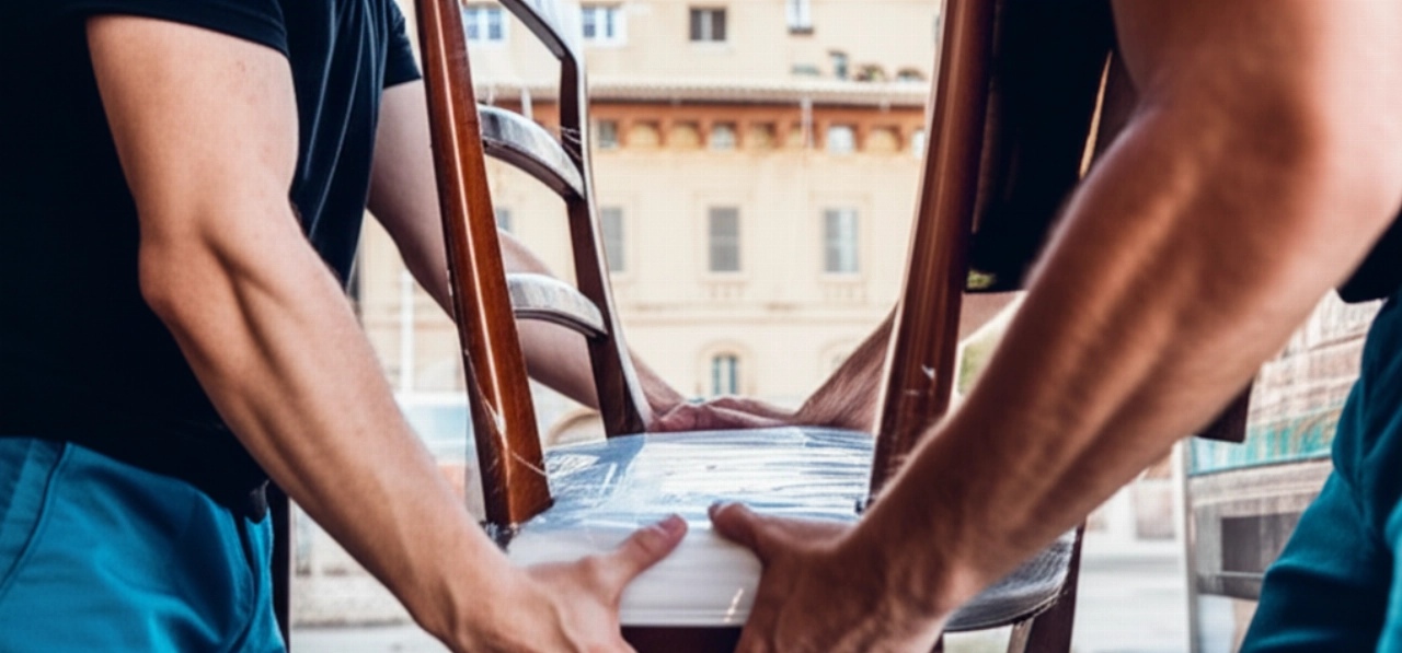 Traslocatori professionisti che imballano con cura mobili delicati all'interno di un camion, con uno scorcio di Piacenza sullo sfondo.