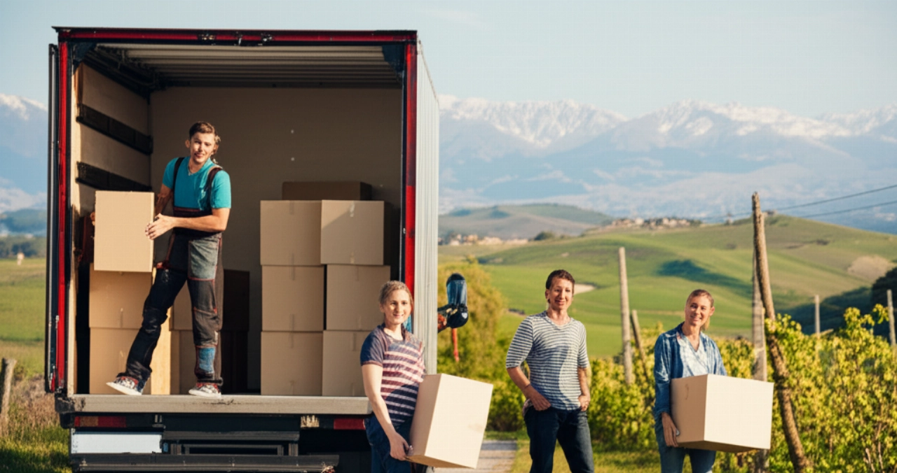 Famiglia caucasica che trasloca, con un camion moderno e scatole, sullo sfondo le colline piemontesi al tramonto.