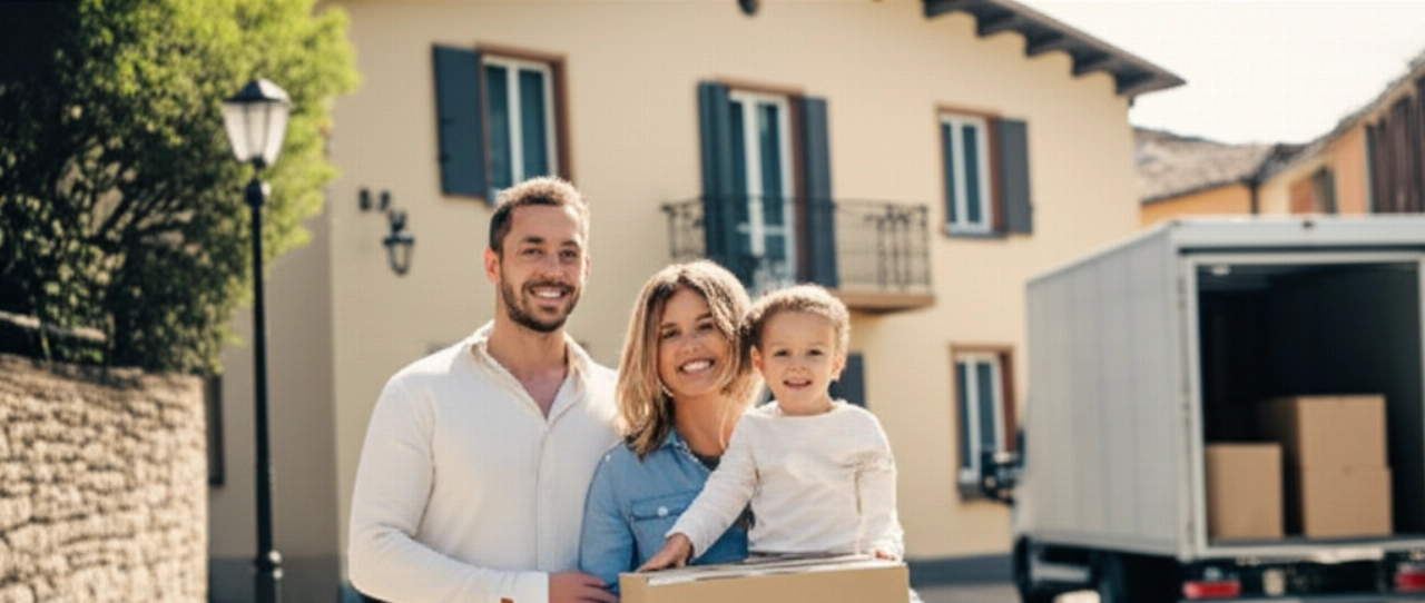 Famiglia caucasica sorridente che entra nella nuova casa in Piemonte, con camion di traslochi e scatole sullo sfondo.