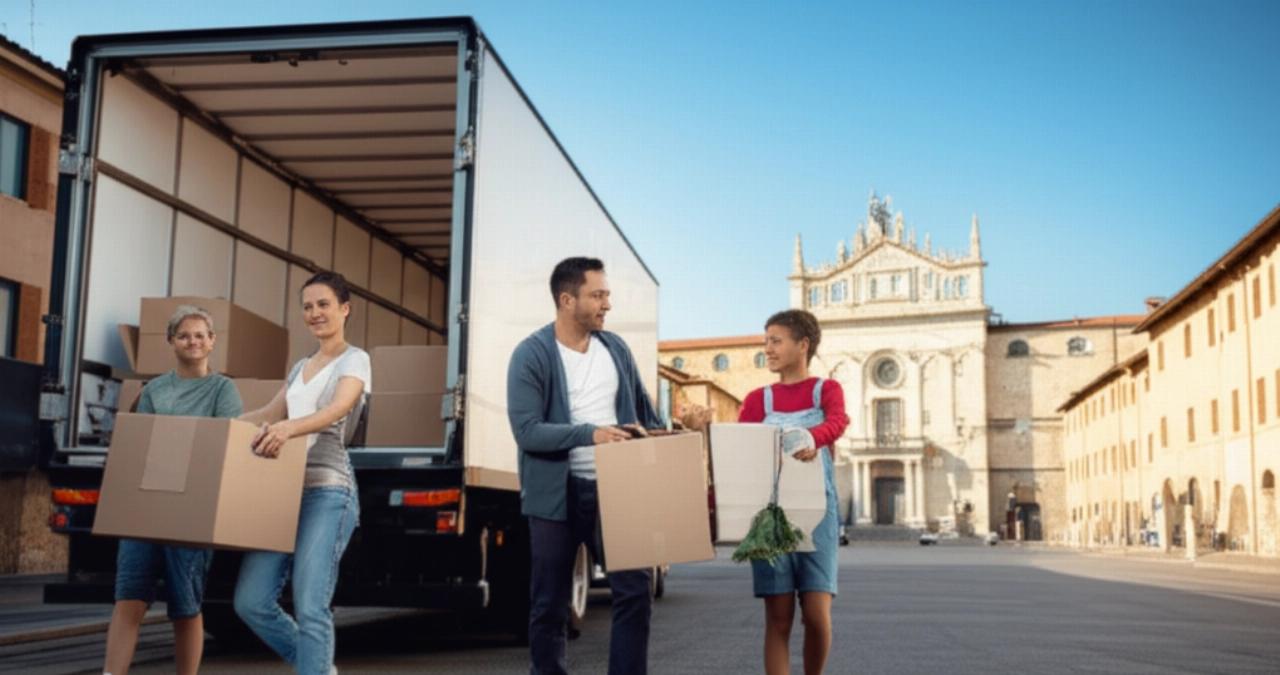 Famiglia caucasica che trasloca a Pistoia, con scatole e camion in una strada storica.