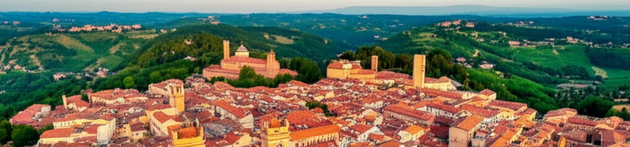 Vista aerea iperrealistica di Pistoia con tetti rossi e colline toscane.