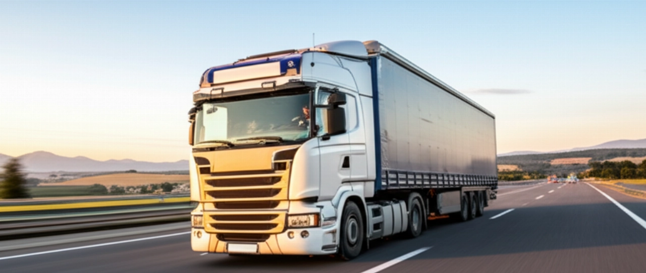 Un moderno camion per traslochi su un'autostrada europea al tramonto, che simboleggia il viaggio tra Polonia e Italia.