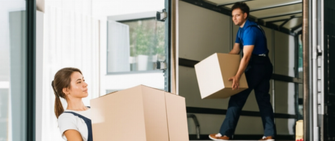 Traslocatori professionisti caucasici caricano con cura una scatola in un camion, evidenziando un servizio efficiente e attento.