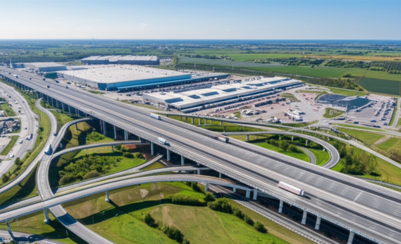 Vista aerea di un grande centro logistico con camion per traslochi, che illustra la vasta rete di servizi internazionali.