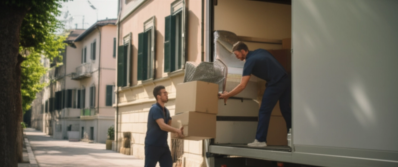 Squadra di traslocatori professionisti caucasici che caricano con cura scatole su un camion moderno di fronte a un edificio residenziale italiano.