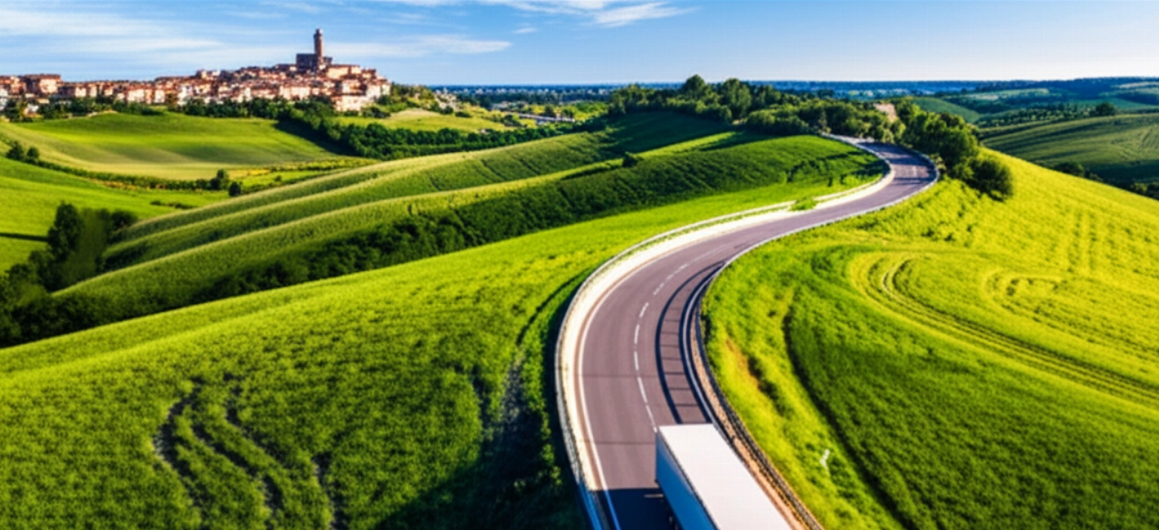 Vista aerea iperrealistica di un camion di trasloco moderno che attraversa la campagna italiana verso una cittadina.