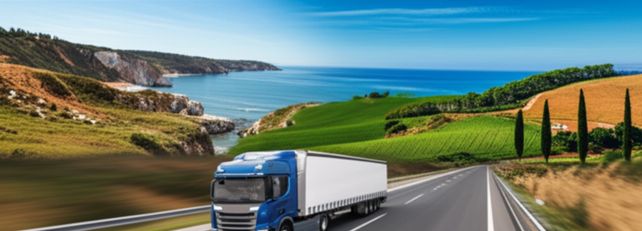 Vista aerea iperrealistica di un camion per traslochi che collega Portogallo e Italia su un'autostrada panoramica, simboleggiando un viaggio efficiente.