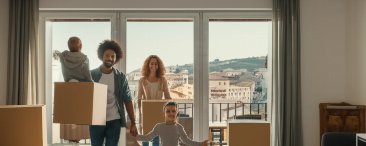 Famiglia caucasica felice che si trasferisce in un nuovo appartamento luminoso a Potenza, con vista sulla città e scatole di trasloco.