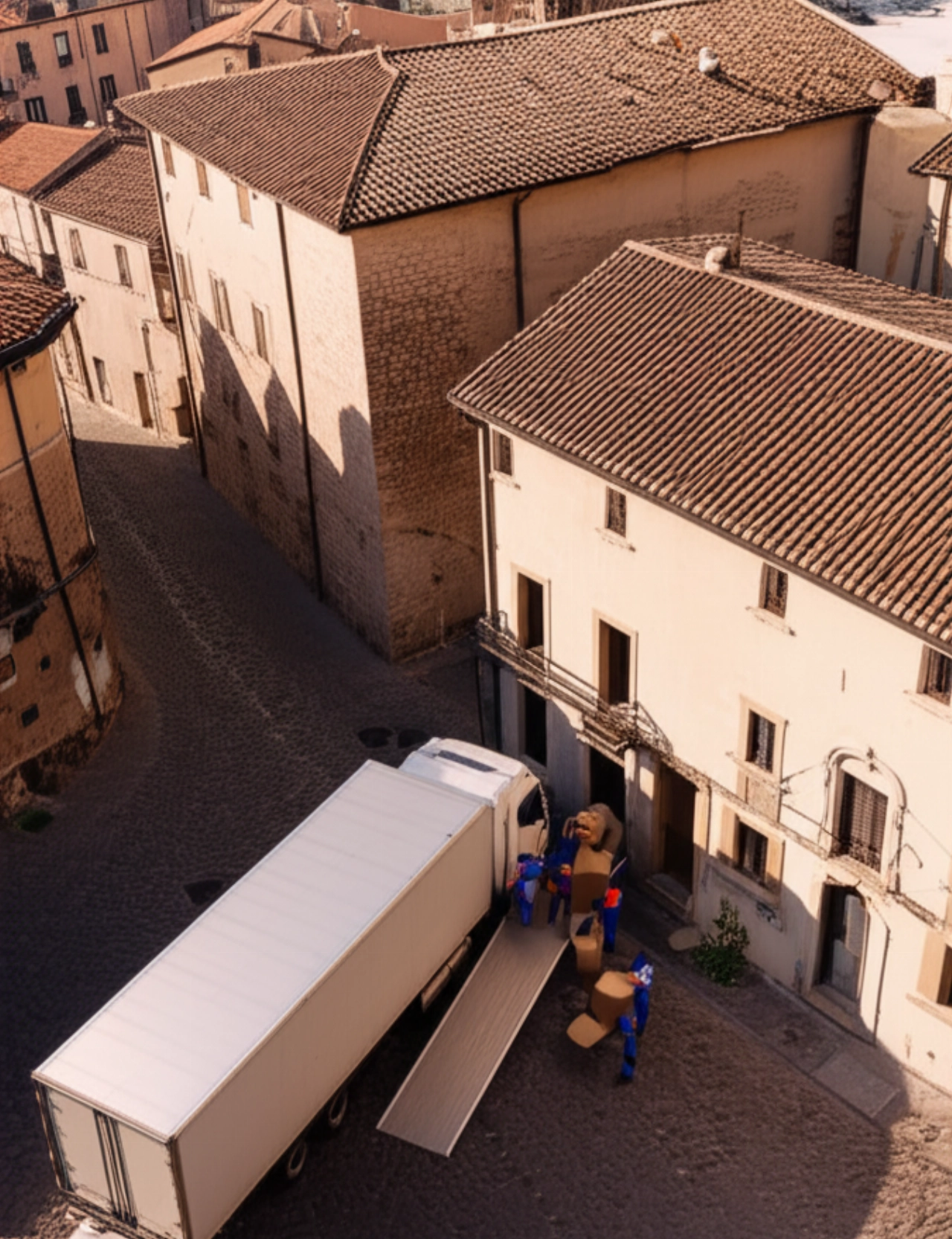 Vista aerea iperrealistica di un camion per traslochi parcheggiato in una strada storica di Potenza, con traslocatori caucasici che caricano scatole.