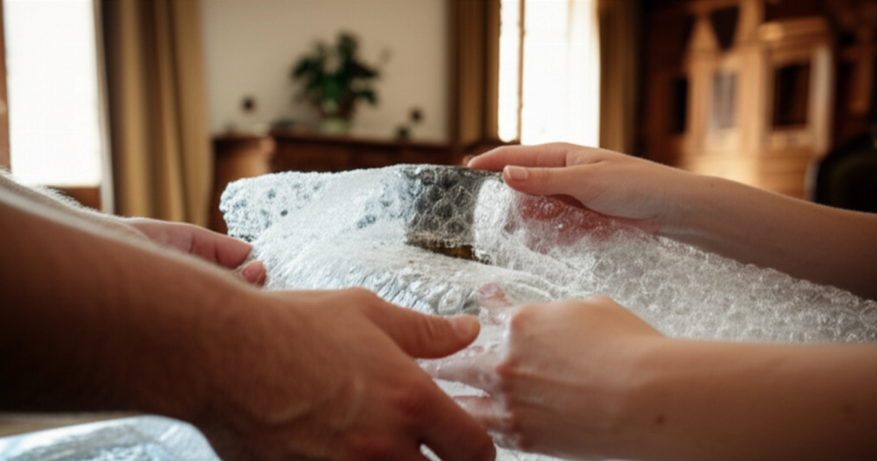 Mani caucasiche che avvolgono con cura un vaso antico in un salotto luminoso a Potenza, simbolo di attenzione nei traslochi.