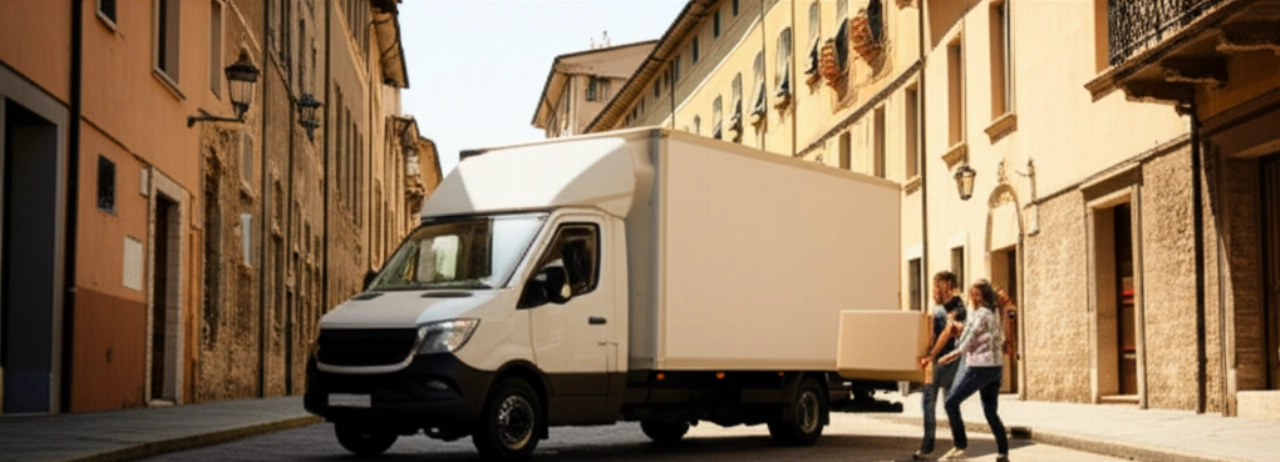 Camion dei traslochi parcheggiato in una strada storica di Prato, con persone che caricano scatole.