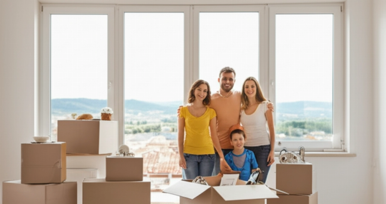 Famiglia caucasica felice che disimballa in una nuova casa luminosa a Prato, con vista sulla città.