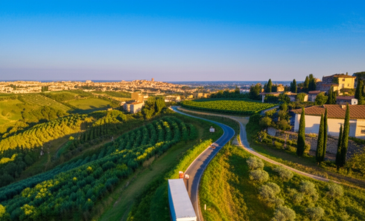 Veduta aerea iperrealistica di un camion dei traslochi che si dirige verso Prato attraverso le colline toscane.