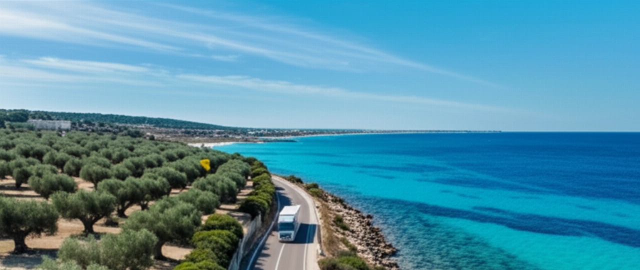 Vista aerea mozzafiato di un camion di traslochi che percorre una strada costiera pugliese tra ulivi secolari e il mare Adriatico.