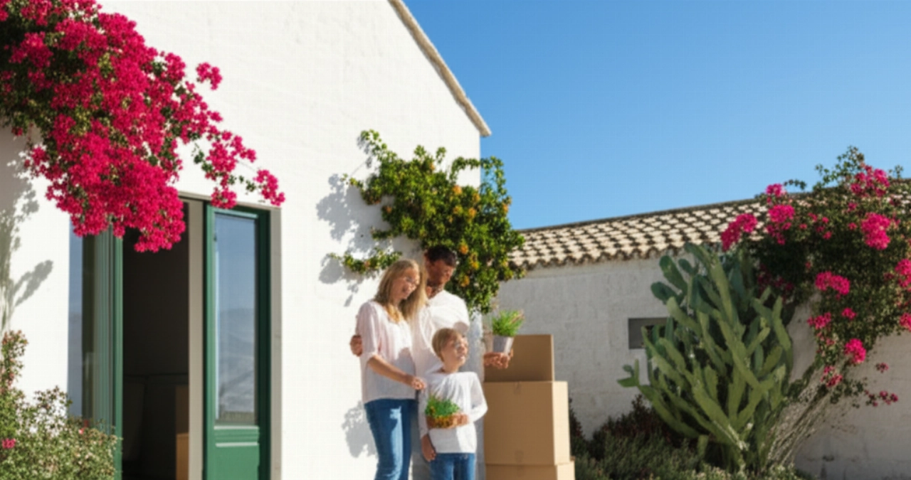 Famiglia caucasica felice che arriva nella loro nuova casa pugliese, una masseria o villa imbiancata, con scatole da trasloco.