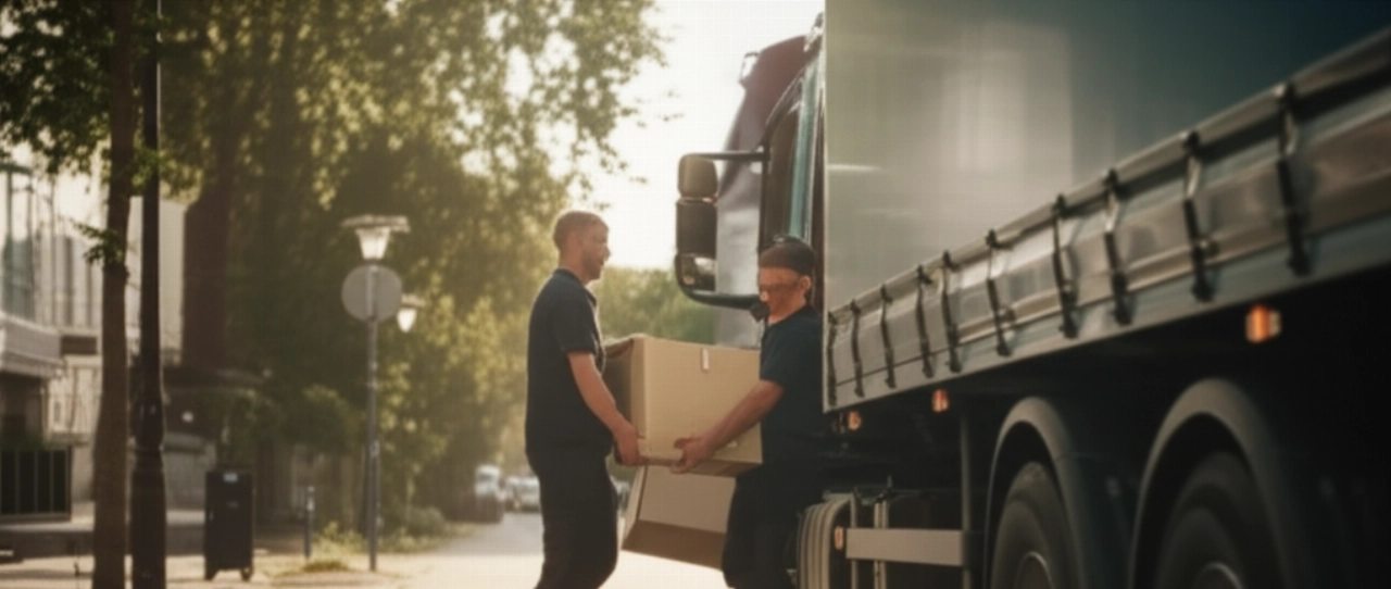 Due traslocatori professionisti caucasici caricano con cura una scatola in un moderno camion per traslochi in una strada europea, con luce dorata che illumina la scena. Immagine iperrealistica.