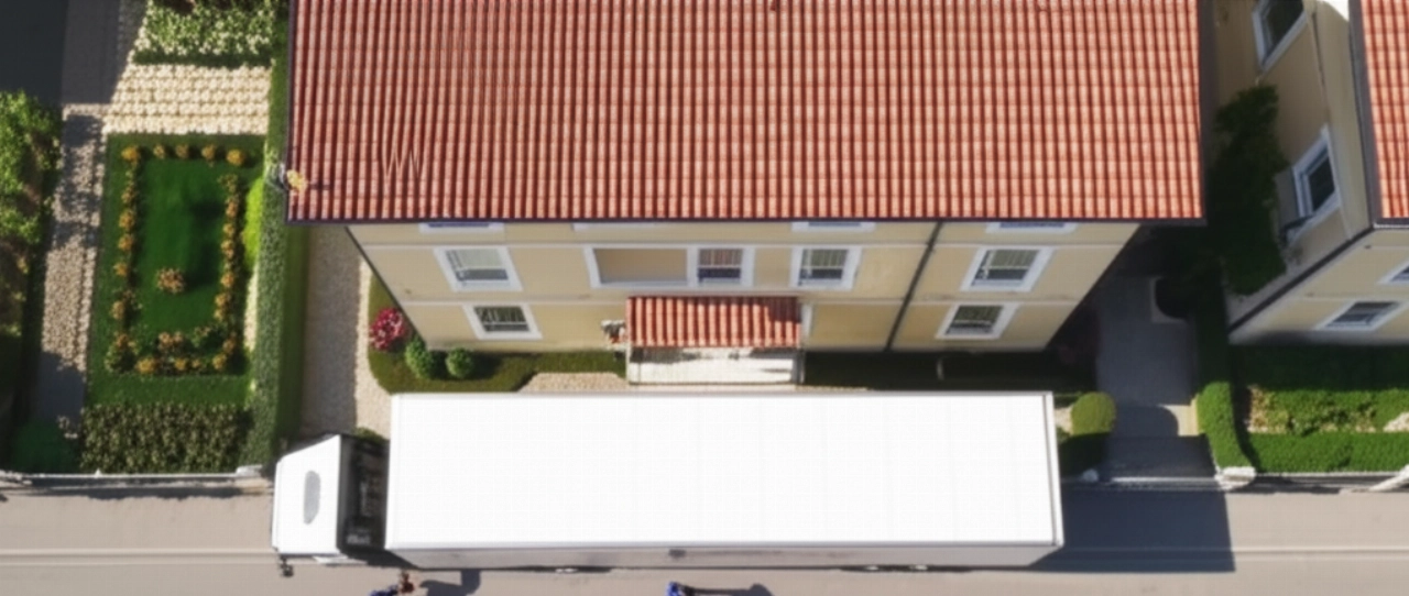 Vista aerea iperrealistica di un grande camion per traslochi parcheggiato di fronte a una casa tradizionale italiana, con traslocatori visibili sotto. Immagine da drone.