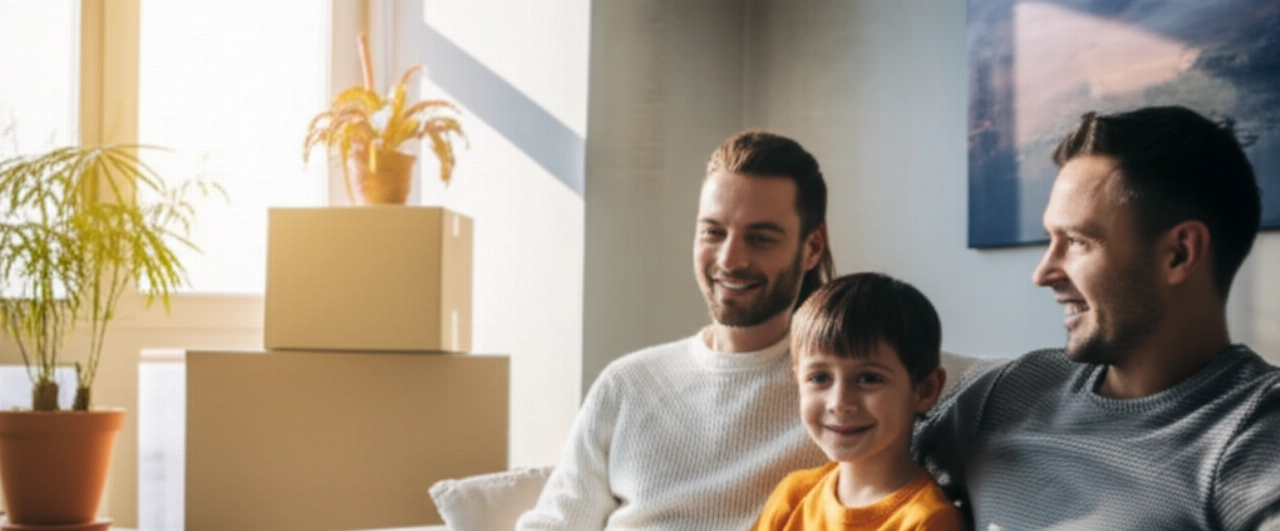 Famiglia caucasica sorridente e rilassata in un luminoso soggiorno appena traslocato, circondata da poche scatole, che esprime felicità e un nuovo inizio. Immagine iperrealistica.