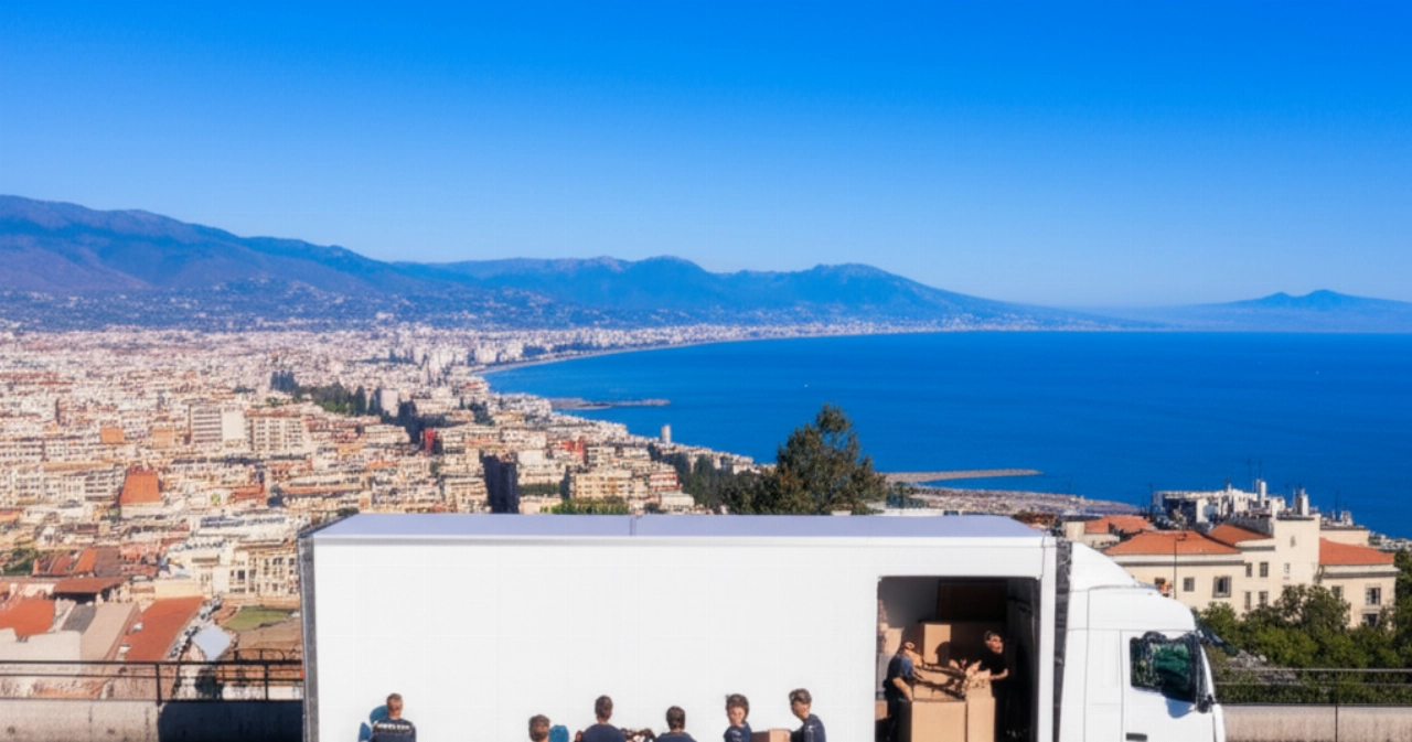 Vista aérea hiperrealista de un camión de mudanzas sin marca estacionado en Reggio Calabria, con la ciudad y el Estrecho de Messina al fondo.