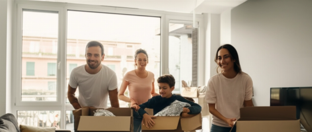 Famiglia caucasica felice che disimballa in una nuova casa luminosa a Reggio Calabria, con un'atmosfera di nuovo inizio.