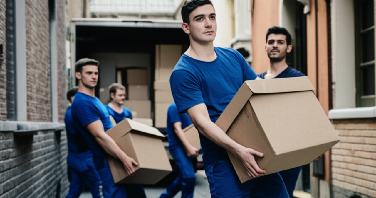 Traslocatori caucasici professionisti caricano scatole e mobili su un camion di traslochi, con una casa tradizionale italiana sullo sfondo. Immagine iperrealistica che mostra efficienza e cura.