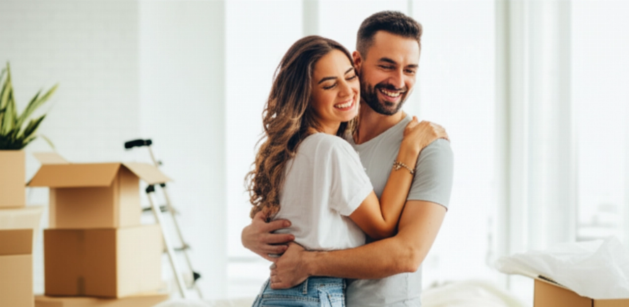 Coppia caucasica felice e sorridente nella loro nuova casa, circondata da scatole di trasloco, che simboleggia un nuovo inizio. Immagine iperrealistica.