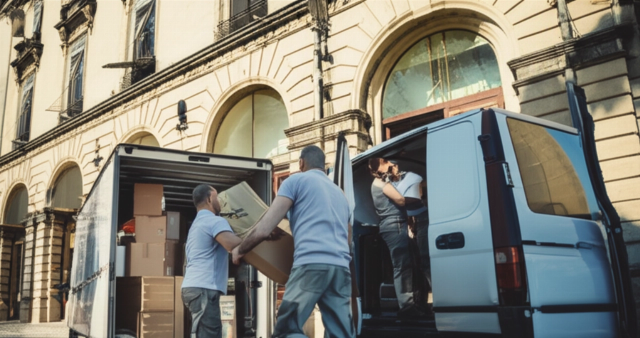 Équipe de déménageurs caucasiens professionnels chargeant un camion à Sassari, preuve d'efficacité et de soin.