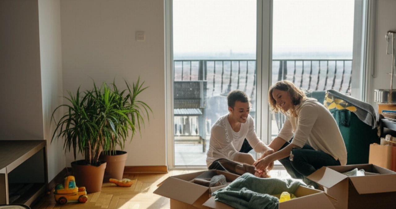 Famiglia caucasica felice disimballa scatole nel nuovo appartamento a Sassari, con vista sulla città.
