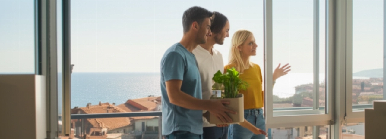 Coppia caucasica felice in un nuovo appartamento a Savona, con vista panoramica sul mare e sulla città.