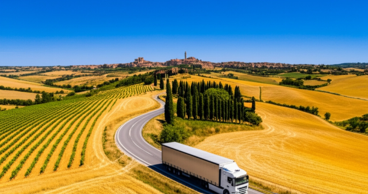 Vista aerea di un camion per traslochi che percorre una strada nella campagna toscana, con la città di Siena visibile in lontananza.