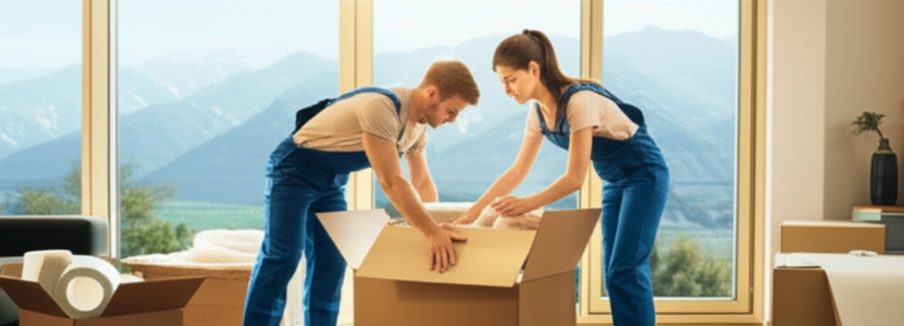 Due traslocatori professionisti caucasici imballano con cura oggetti fragili in un soggiorno moderno, con una vista sfocata delle montagne di Sondrio sullo sfondo.