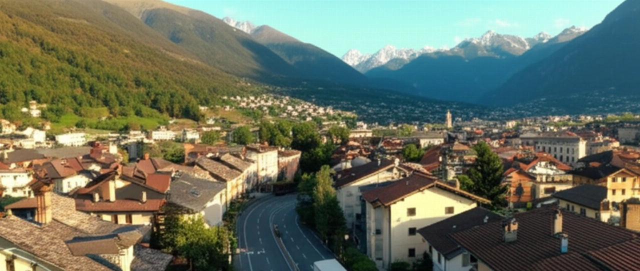Vista aerea iperrealistica di un camion per traslochi che attraversa la città di Sondrio, circondata dalle montagne della Valtellina.