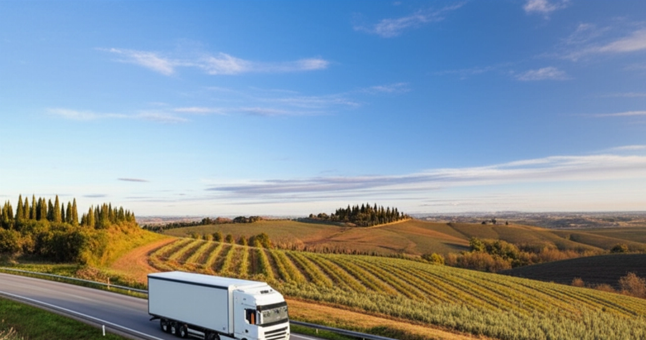 Un camion di traslochi attraversa un paesaggio che unisce foreste svedesi e colline italiane, simboleggiando il viaggio tra i due paesi.