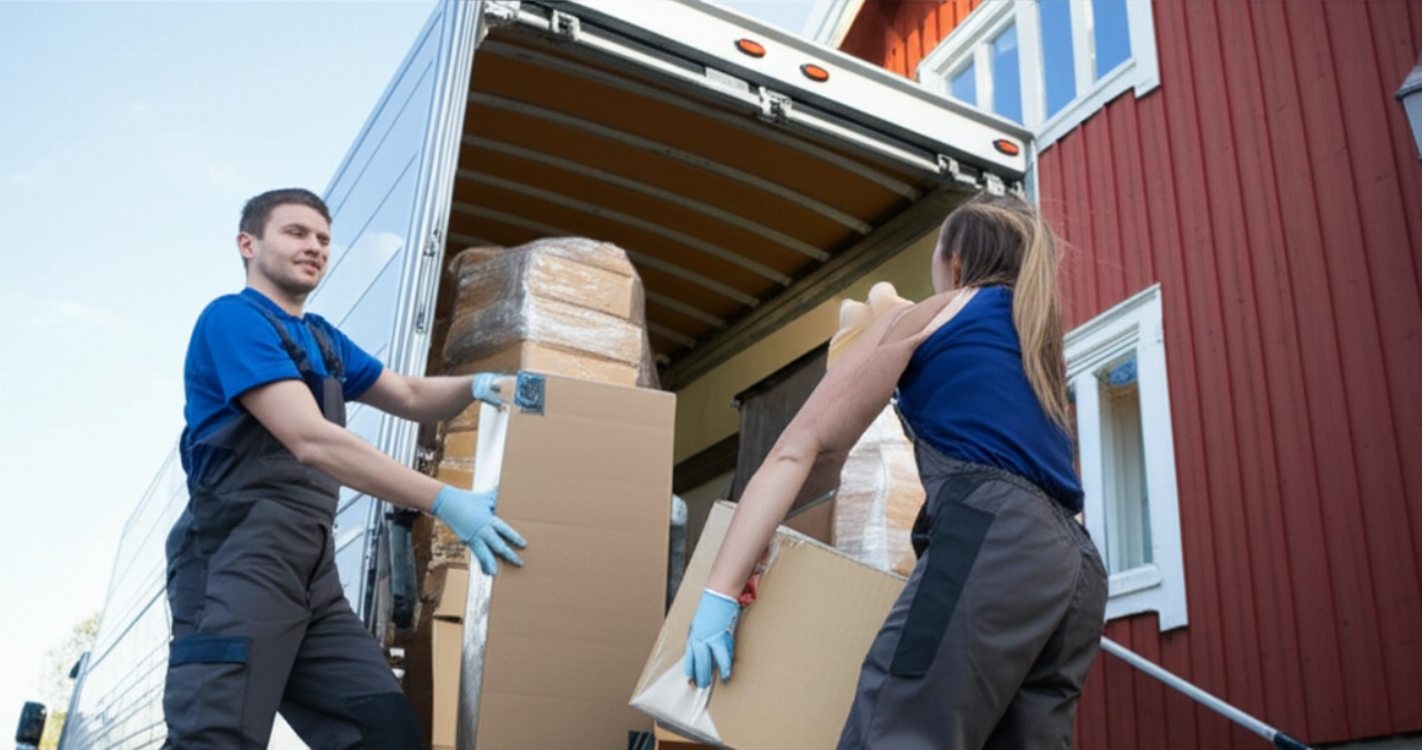 Traslocatori professionisti caucasici caricano con cura scatoloni e mobili su un camion, mostrando efficienza e attenzione nel servizio.