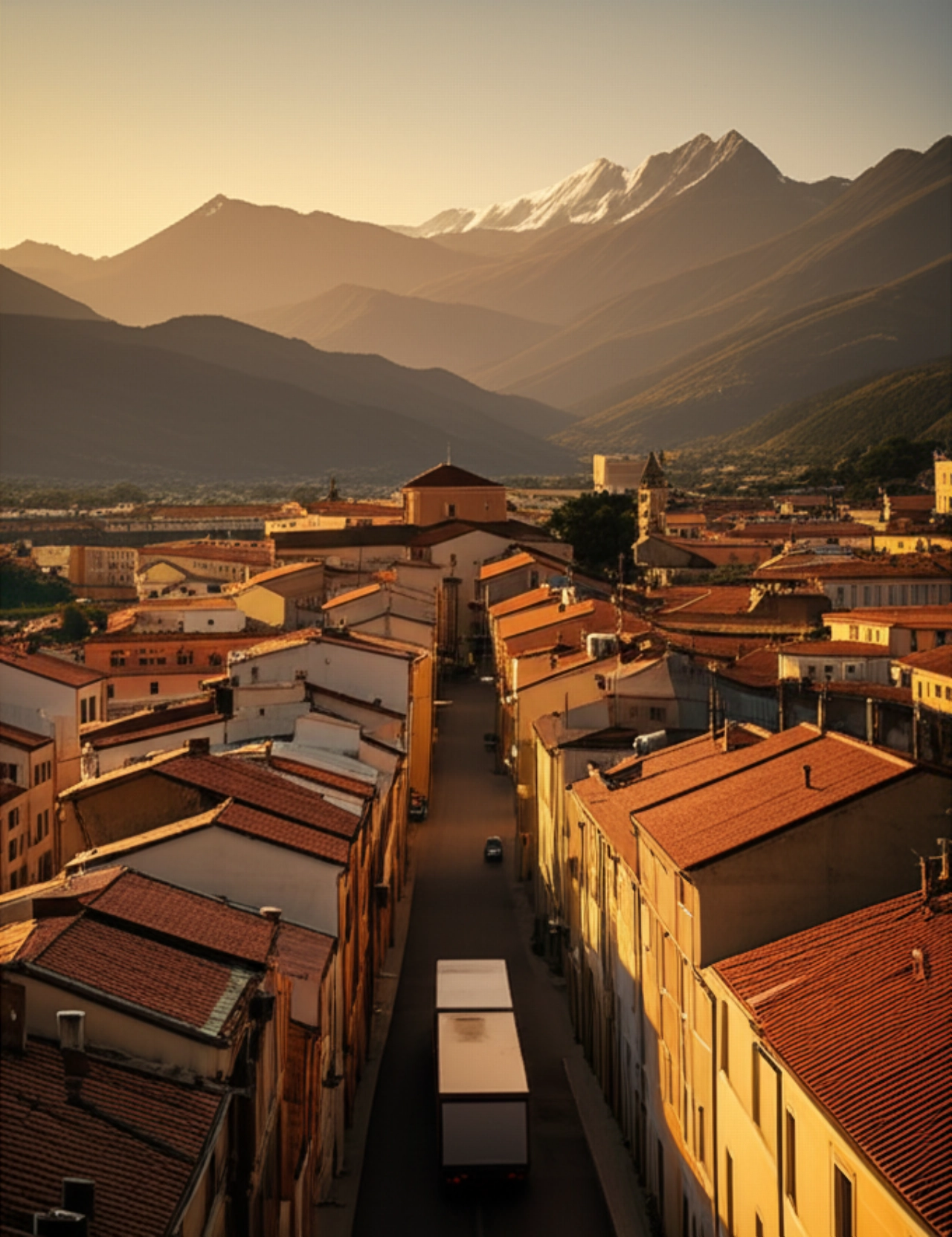 Vista aerea iperrealistica di Teramo al tramonto, con il Gran Sasso sullo sfondo e un camion dei traslochi in arrivo, simboleggiando un nuovo inizio e la bellezza della città.