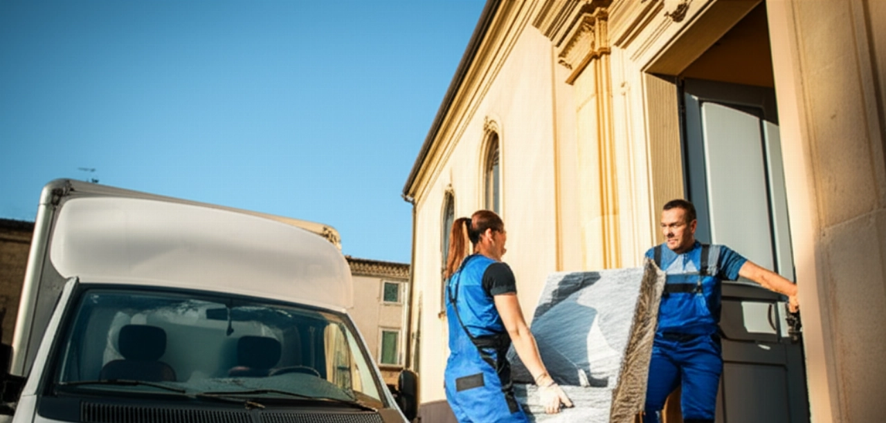 Traslocatori professionisti caucasici caricano mobili su un camion in una strada assolata di Terni.