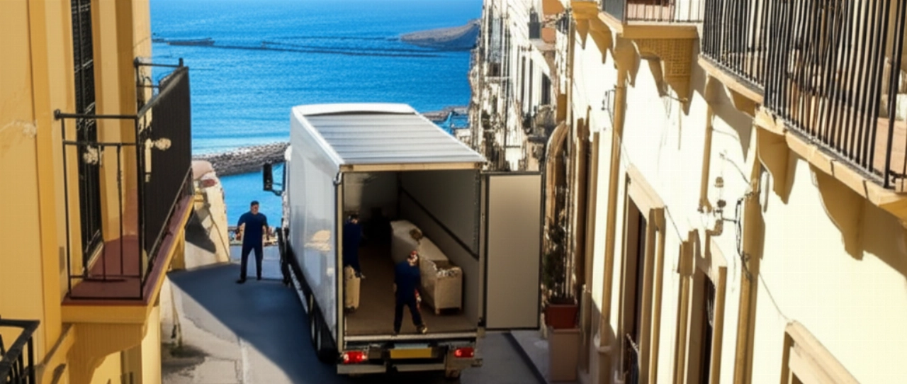 Vue aérienne hyperréaliste d'un camion de déménagement moderne garé dans une rue de Trapani, avec la mer en arrière-plan, illustrant l'efficacité logistique.