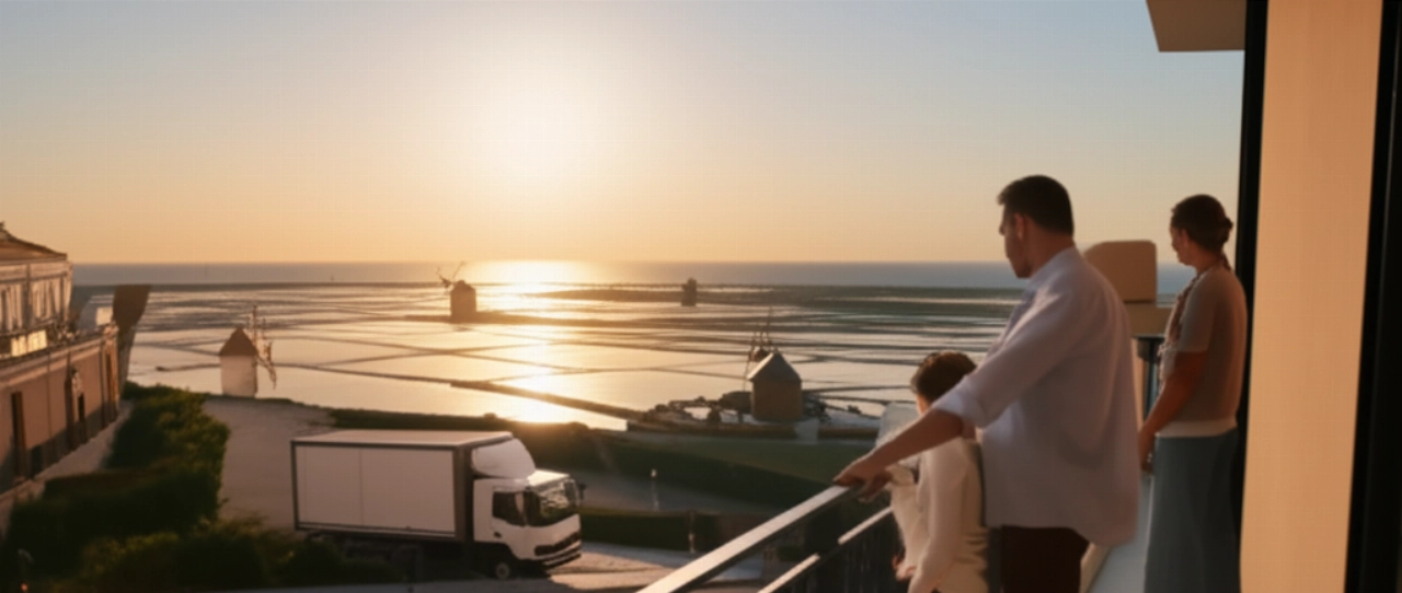 Famille caucasienne heureuse sur un balcon, avec une vue aérienne panoramique de Trapani au coucher du soleil, symbolisant un déménagement réussi et un nouveau départ.
